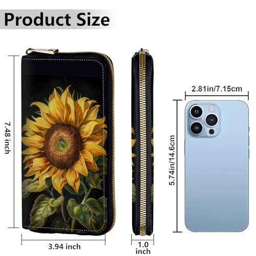 Image of Women's Wallets,Credit Card Holder Money Leather Long Wallet with Wristlet,Large Capacity with Zip-Around Phone Purse for Women Ladies Girls,Sunflower