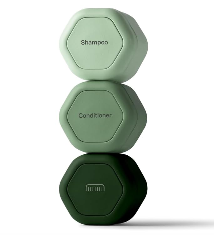 Travel Containers Haircare Capsule Set - Magnetic Containers with Lids,Carry On Travel Essentials For Women/Men - 3 Flex Mediums (1.32oz) - Shampoo, Conditioner & Comb Icon Labels - Evergreen