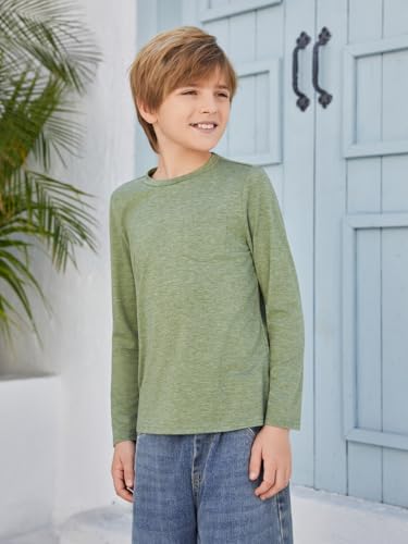 Image of Boys Long Sleeve Shirt Crewneck Solid Color Casual Top with Chest Pocket for Kids 5-14 Years