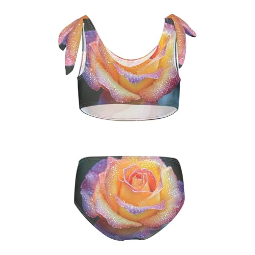 Rainbow Color Rose Flower with Water Drop Girls Bikini Sets 2 Piece Swimsuits Bathing Suit Swimwear2