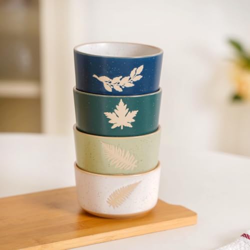 Image of Nestasia Ceramic Snack Bowl Set of 4 (180ml Each) - Dishwasher & Microwave Safe Bowls for Serving Soup, Rice, Dal, & Salad | Spring Leaf Printed Bowls with Matte Finish - Ideal for Gifting