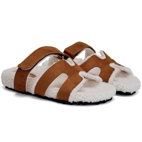 Womens Fuzzy H-Band Slippers Faux Shearling Open Toe Slide Sandal Adjustable House Shoes Wide Width 6