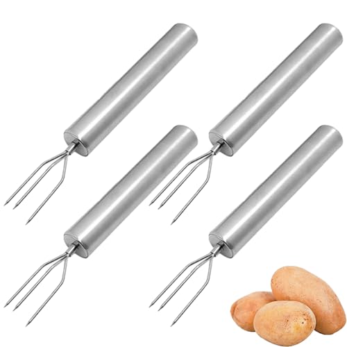 VZU 4 Stück Pellkartoffelgabel Set aus Edelstahl mit 3 Zinken, Kartoffelgabel, Fleischgabel, Maisgabel, Maiskolben Spieße, Gabel für Gemüse und Grillgut, Wiederverwendbar