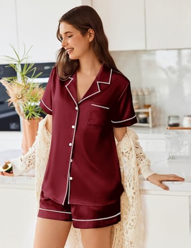 Image of Ekouaer Womens Satin Silk 2 Piece Pajamas Set Short Sleeve Sleepwear | Button Down Top and Shorts Loungewear Set for Sleep, Home, Wedding, Travel, Party, Daily Wear & Great for Sharing
