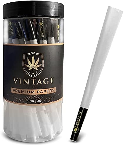 Vintage Premium Papers Cones | King Size | 50 Pack | Natural Unbleached Pre Rolled Cones | Ultra Thin Rice Rolling Paper with Tips and Packing Sticks Included, White