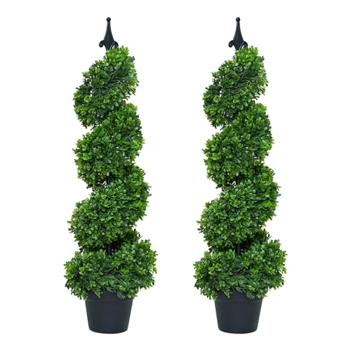 CZWBE 2 Pieces Artificial Plants Spiral Topiary Trees 3ft Fake Tree Faux Plant with Pot Base PorchGarden and Indoor Decor