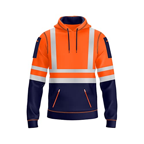 NOROZE Mens Hi Vis Hoodie with Reflective Tape Pullover High Vis Hoodie for Safety Workwear 4 Utility Zipped Pockets Work Hoodies for Men High Visibility Hooded (XL Style 1: Neon orange/Navy)