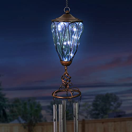 Exhart Solar Sea Blue Led Lantern Spiral Bronze Finial Wind Chimes W/ 9 Led Fairy Lights - Vintage Hanging Lantern Garden Chimes, Outdoor Lantern Wind Chime Set, Led Solar Lantern, 6"L X 6"W X 32.2"H #TOP30