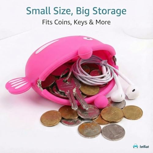Image of FunBlast Cute Fish Shape Silicone Coin Purse for Kids & Adults - Mini Pouch for Coins, Earphones, Keys & Small Essentials, Aesthetic Pouches for Girls & Women - 12 X 9.5 X 3 Cm (Pink)