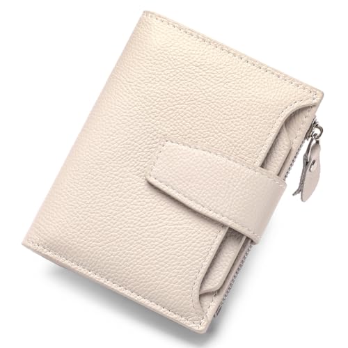Small Wallet for Women RFID Blocking Bifold Leather Wallet Compact Card Holder with Zipper Coin Pocket & 4 ID Windows,Beige