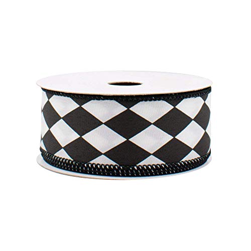 Image of Black White Diamonds Harlequin Ribbon - 1 1 /2 inch x 10 Yards, Argyle, Black Wire Edged, Christmas, Mardi Gras, Wedding Embellishments, Gift Wrapping, Wreath Decoration, Garland, Tree Topper Bow