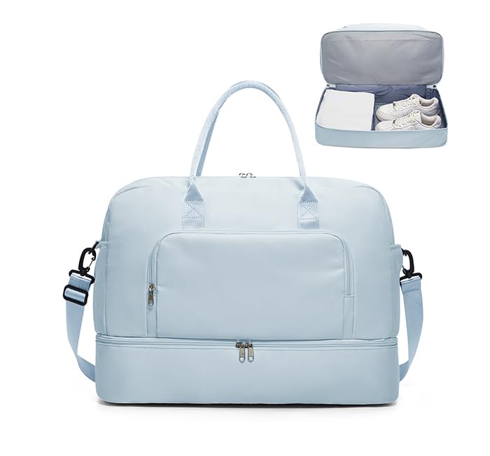 Image of Travel Duffle Bag,Weekender Bags for Women with Shoe Compartment Personal Item Travel Bag Carry on Overnight Bags For Airplanes Gym Duffel Bag with Wet Pocket Hospital Bag for Labor and Delivery Blue