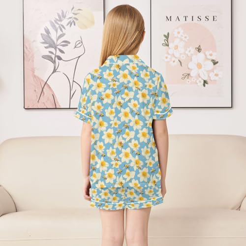 Flower Yellow Bee Pajamas Sets Short Sleeve Silk Stain Pjs Button Down Sleepwear for 5-14Y4