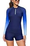 SHEKINI Frauen 2 Stück Langärmel Rash Guard Badeanzug Reißverschluss Schwimmhemd mit Boyshorts (Tiefblau, Large)