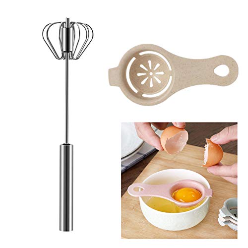 Egg Whisk Stainless Steel Rotating Push Semi-Automatic Egg Beater with Egg Yolk Filter Separator for Blending Whisking Beating Stirring Cooking Egg Mixer Milk Frother Tool 1pcs