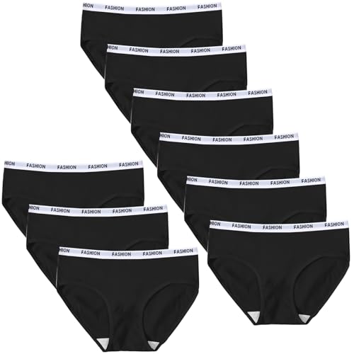 Aorine Paquete de 9 Bragas de Niñas Calzoncillos Suaves sin Costuras Calzoncillos de Tiro Medio y Tiro Bajo Ropa Interior de Algodón para Adolescentes Negro,Adecuado para Edades de 7-15 años