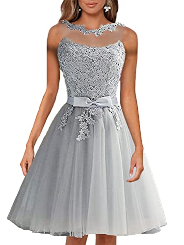 Minetom Femme Robe De Cocktail Courte Dentelle Mousseline Swing pour Bal Mariage Robe De Soirée Longue Mariage Party Dress H Gris M