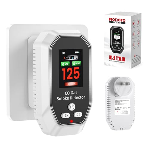 5 in 1 Portable Carbon Monoxide Detectors Plug in, MODOFO TOOL Smoke and Carbon Monoxide Detector with Built-in Battery, Natural Gas Leak Detector, HD Display for CO Gas Smoke Temp Humidity White