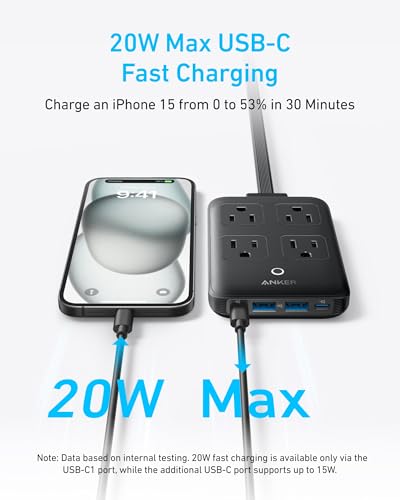 Anker Charging Station, 20W Max 8-in-1 USB-C Power Strip for iPhone 15/14 and MacBook Air/Pro, 5 ft Thin Cord with 4 AC, 2 USB-A, and 2 USB-C Ports, Fast Charging Desktop Charger for Travel, Office - Image 5