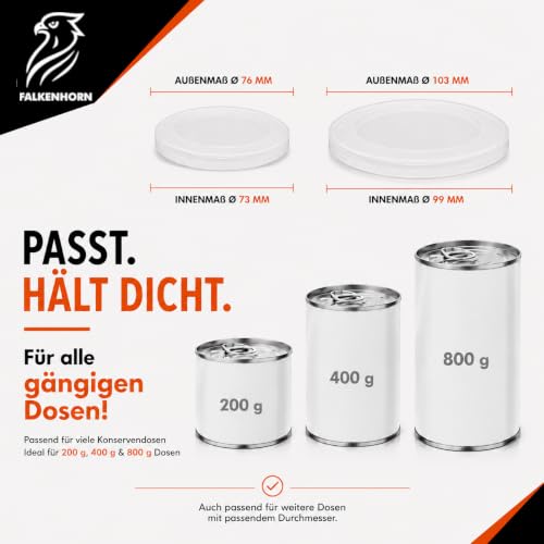 Falkenhorn Dosendeckel für Tierfutter – 2x 200g/400g & 2x 800g Hundefutter & Katzenfutter Dosen – Lebensmittelecht, Spülmaschinenfest, Wiederverwendbar, Made in Germany – Frische & Geruchsbindung