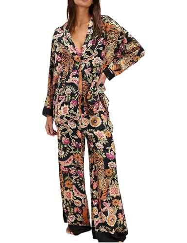Image of Arssm Satin Pajama Set for Women Silk Pajamas Set 2 Piece Floral Pj Set Long Sleeve Button Down Pjs Sleepwear