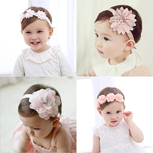 Stirnband Baby Mädchen, 4 Stück Baby Schmuck Stirnband mit Blumen Blumen-Stirnband, Rosa Kids Turban Haarband für Säuglinge Kleinkinder Blumen Haarband Kinder