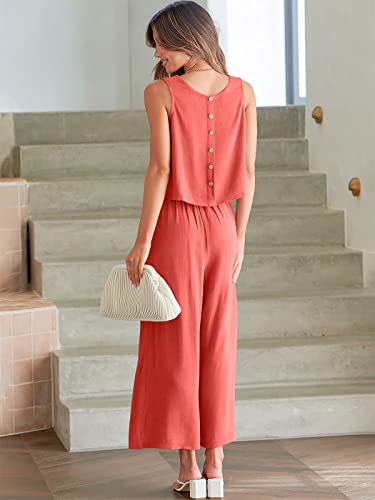 Image of ANRABESS Women's Summer 2 Piece Outfits Sleeveless Tank Crop Button Back Top Cropped Wide Leg Pants Set Pockets
