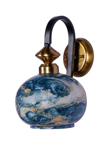 Image of HL Home Lighting Blue Marble Glass Globe & Black Gold Steel Single Wall Light Decorative Lighting for Living Room Wall Ceiling Lamp Balcony Decor