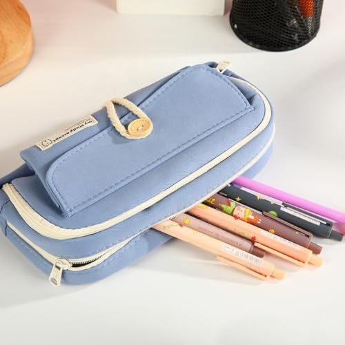 Image of Kawaii Cute Aesthetic Pencil Case for Girls & Boys | 3 Layer 6 Compartment Large Capacity Pencil Pouch with Zipper | Cartoon Stationery Organizer Bag for Students & Kids (Blue)