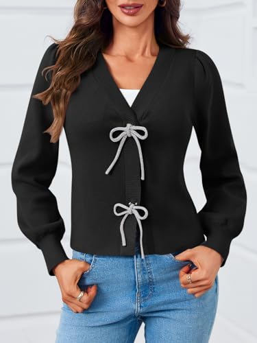 Image of Saodimallsu Womens Puff Long Sleeve Sweaters V Neck Cropped Bow Button Front Cozy Knit Cardigan Sweater Tops Black, Large