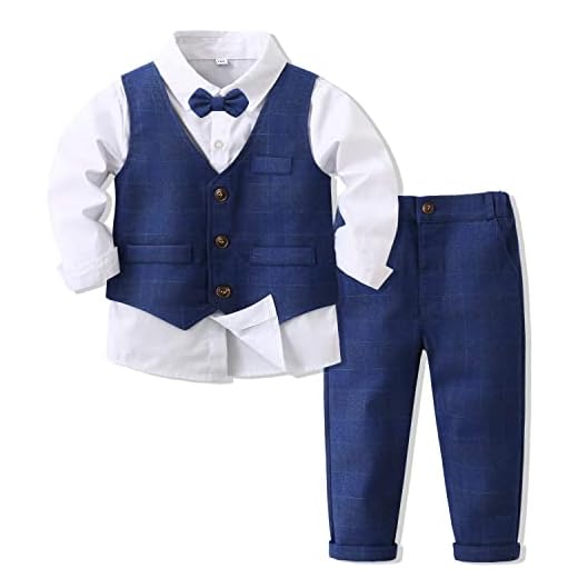Conjunto de 3 peças de roupas para meninos camisas de manga comprida com gravata borboleta + colete + calça terno casual, Xadrez azul, 3 Anos