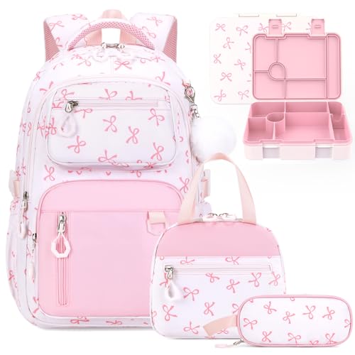 Bevalsa Backpack for Girls Bow School Bookbag Teen Girls Backpack Set with Bento Lunch Box Insulated Bag & Pencial Case 43oz Lunch Containers for Kids Elementary Middle Student (Pink Bow)