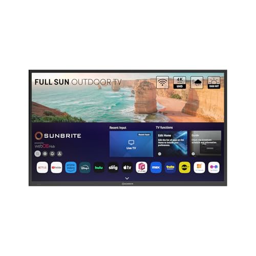 SunBrite 49" Solis Smart Outdoor Television, Full-Sun 4K TV, 1500-Nit Brightness, Anti-Glare Screen, IP55 Weatherproof, Wi-Fi Bluetooth, Integrated Speakers SB-FS-49-BL