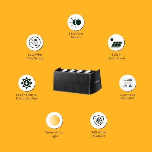 Image of wipro Garnet Solar Wall Light SW04 4x2 Way | 2 in 1 Modes | Warm White Light | Auto ON(Night) & Off(Day) | IP65 | Outdoor Light for Home, Balcony, Patio, Stairs, Garden | Easy Installation | Pk 1