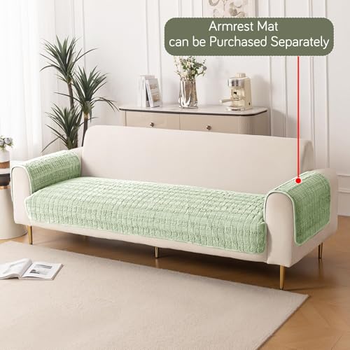 Image of HOKIPO 'Plush Haven' Premium Anti-Slip Sofa Cover Mat for 3 Seater Sofa | Soft Fluffy Plush Fabric, Pastel Green (NEW2-5035-GRN*1)