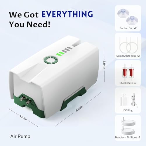 Image of Ghosthorn Quiet AC /DC Aquarium Air Pump Battery Powered Aquarium Bubbler with 87 Hours Battery Life 2-Outlet Rechargeable Bait Aerator Adjustable Oxygen Pump, Power Outages and Emergency