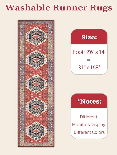SERISSA Runner Rug for Hallways, 2'6"x14' Washable Non Slip Kitchen Runner Rug, Extra Long Boho Rug Ultra Soft Vintage Rust Print Floor Carpet for Bedroom Hallway Entryway Bathroom Laundry Room