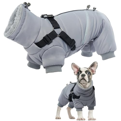 PUMYPOREITY Giacca con Imbracatura Cani, Cappottino Impermeabile per Cani Regolabile Piumino Cani Antivento Riflettente Cappotto Fleece Invernale per Cani di Taglia Piccola Media(Grigio, S)