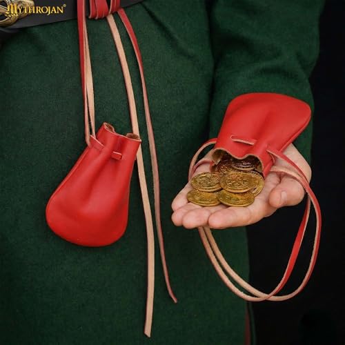 Image of Mythrojan Small Trinket Pouches Suede Leather Drawstring Coin & Dice Bags for LARP, SCA, Viking & Medieval Events (2, Buff Red, Large : 3 inch X 4 inch Small : 2.5 inch X3.5 inch)