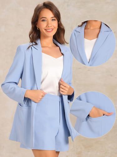 Allegra K 2 Piece Set for Women's Long Sleeves Blazer and Short Pants Suit Sets2