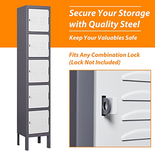 Image of Metal Locker with 5 Doors, 5 Tier Locker Steel Employees Lockers, Tall Steel Storage Lockers for School, Home, Office, Gym(Grey White), (ML-0721)