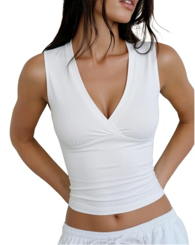 Image of SUUKSESS Women Built in Bra V Neck Tank Tops Double Lined Summer Going Out Camisole Tops