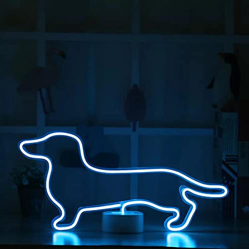 Neonlicht Dackel Hund blau mit Fuß Sockel NEON LED Licht batteriebetrieben Aufsteller Tischlampe Leuchtreklame Lampe Leuchte Dekoration Kinderzimmer Schlafzimmer Beleuchtung Party Nachtlicht Stand