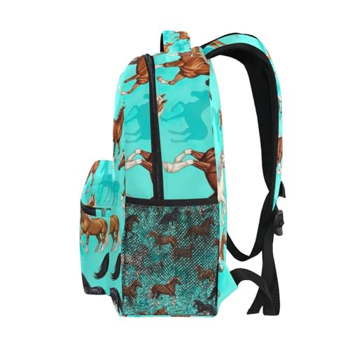 School Backpack for Girls, Horse Turquoise Travel Back Pack, Kids Back to School Supplies, Ideal for Ages 6–144