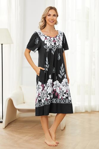 Image of House Dresses for Women with Pockets Mumu Dresses Short Sleeve Moo Moos for Women Nightgown Duster Lounge Dress S-3XL