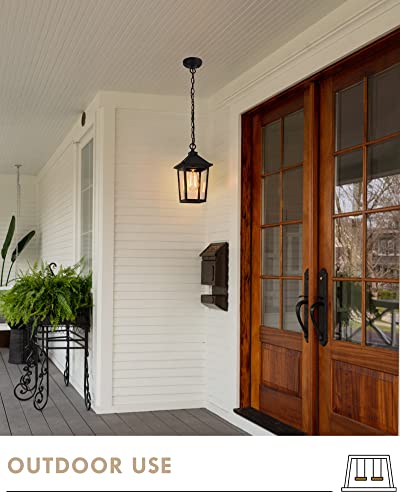 Outdoor Pendant Lights, Hwh Farmhouse Exterior Hanging Porch Light, Outside Hanging Lantern With Height Adjustable Chain, Matte Black Finish With Seeded Glass, 5Hx64H Bk #TOP2