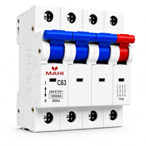 Image of MAHI 63A Four Pole MCB C Curve, Miniature Circuit Breaker with Overload & Short Circuit Protection, 63A Breaking Capacity, Durable Polycarbonate Body for Home & Industrial Use