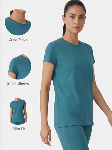 Image of Enamor Short Sleeve Crew Neck Regular Length Basic Crew T-Shirt for Women - Slim Fit, Soft and Breathable Stretch Cotton - E047