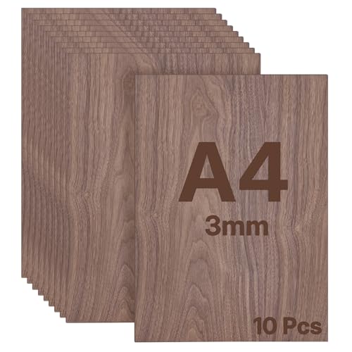 WISYOK Tableros de Contrachapado de Nogal A4 3 mm, Set de 10 Placas de Madera 300×210 mm, Láminas para Manualidades, Corte Láser, Modelismo, Pirograbado, CNC, Pintura