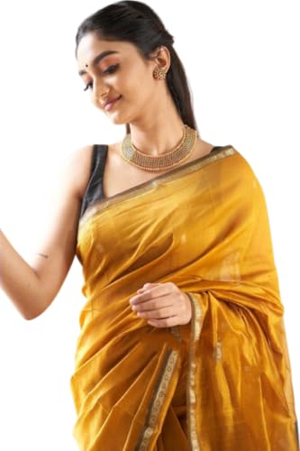 Image of Flosive inchRoyal Mustard Banarasi Cotton Silk Saree with Golden Zari Woven Motifs, Ethnic Festive & with Blouse Piece inch